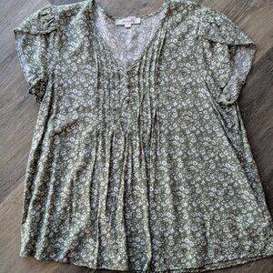Monday Fun Short Sleeve Blouse Shirt Green White Floral Womens